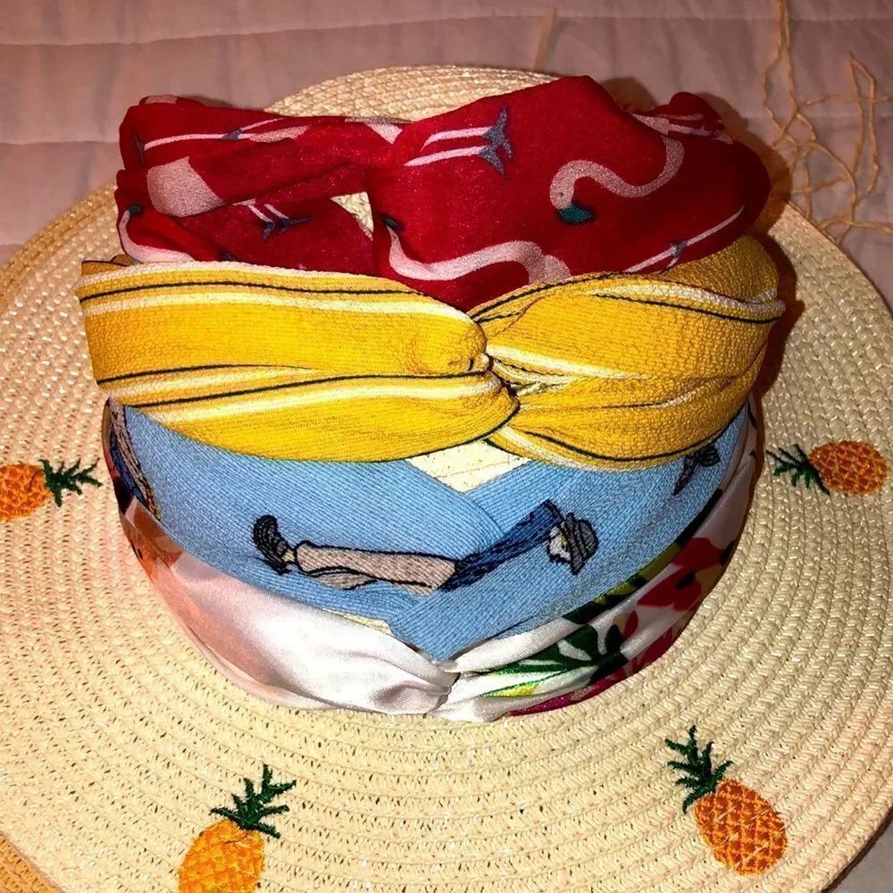 Boho Twisted Front Elastic Back Headbands set of 4 Blue Yellow White Fuchsia
